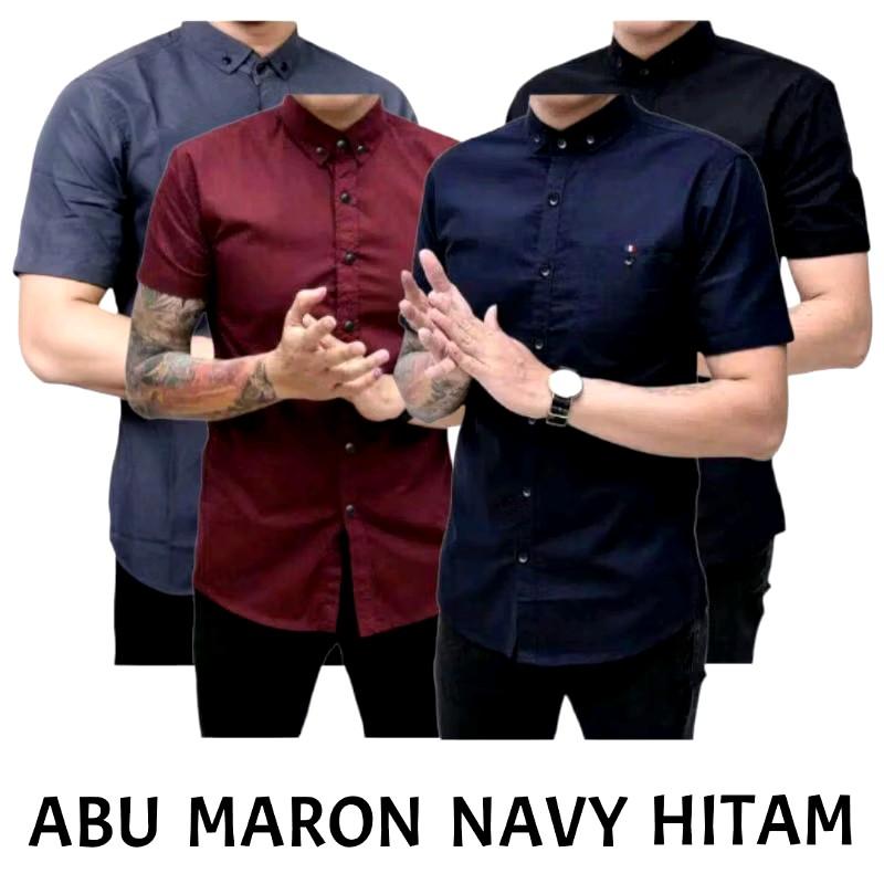 Kemeja Polos Slimfit Pria 4 Pcs Bahan Katun 100% - Hitam/Putih/Maroon/XL - Casual, Formal, Basic slim fit shirt 4