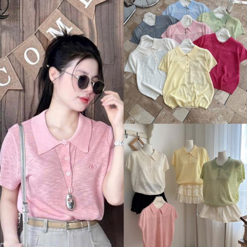 Áo Polo Cộc Tay Chất Len Giấy Mỏng Nhẹ Dập Chữ “Aloo” Hàng QC Nhiều Màu