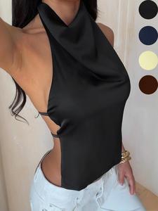 Top de satén para mujer con espalda descubierta, camiseta sin mangas lisa casual, blusa ajustada sin mangas, uso diario, elegante y cómoda