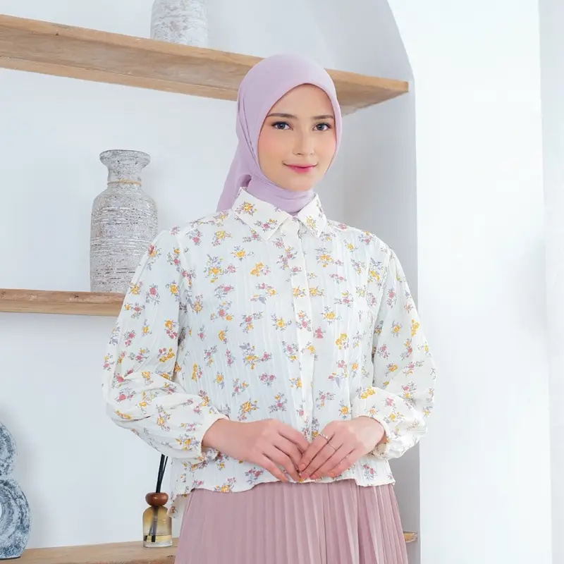 Atasan Fashion Korea Style Lengan Panjang Blus Wanita Musim Panas Casual Blouse Motif Bunga Bahan import 7