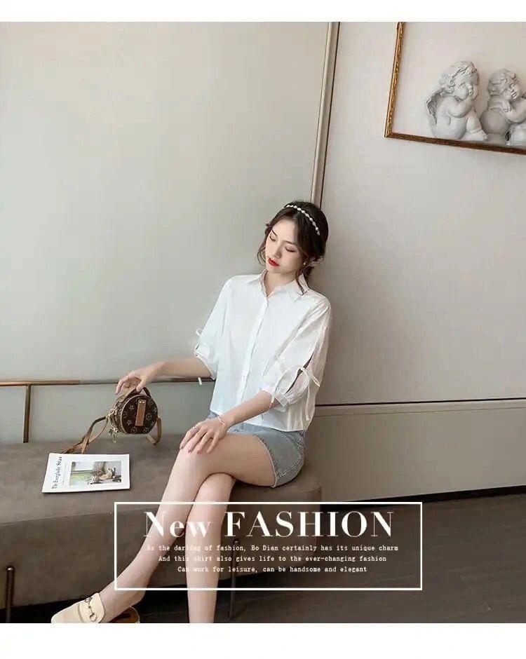 Product Introduction of Women's Chiffon Rheology Hong Kong Style Three-Quarter Sleeve Shirt 2023 New Loose Design Niche Chic Top 9