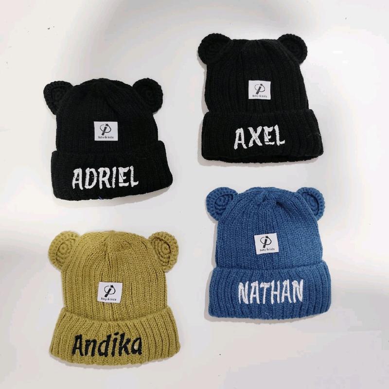 Topi Kupluk Telinga Anak Bayi INURHA Bordir Nama dg LABEL 4