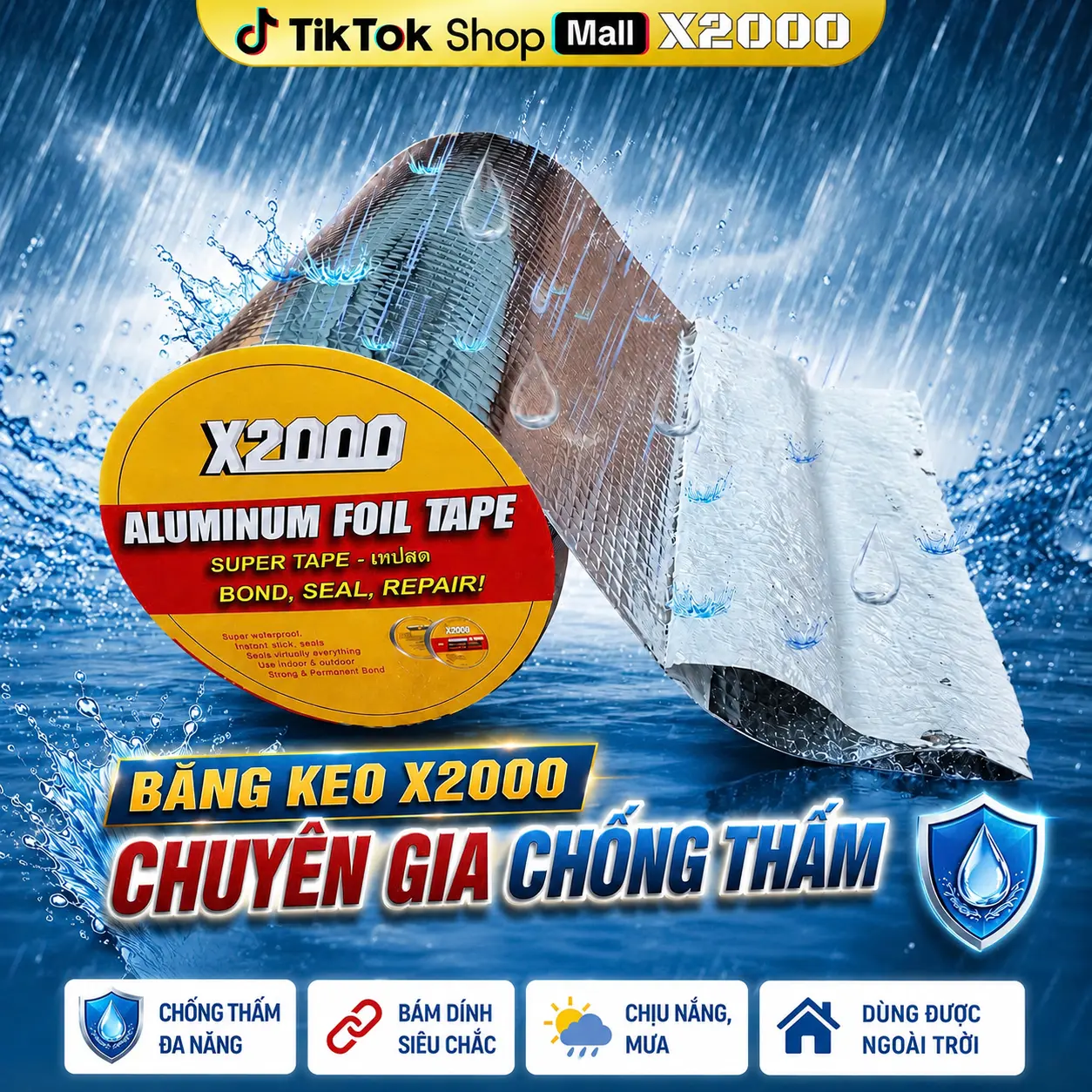 Băng Keo Dán Chống Thấm Dột Mái Tôn, Mái Bê Tông, Tường Xây, Siêu Dính, Chống Thấm Nước, Chính Hãng X2000