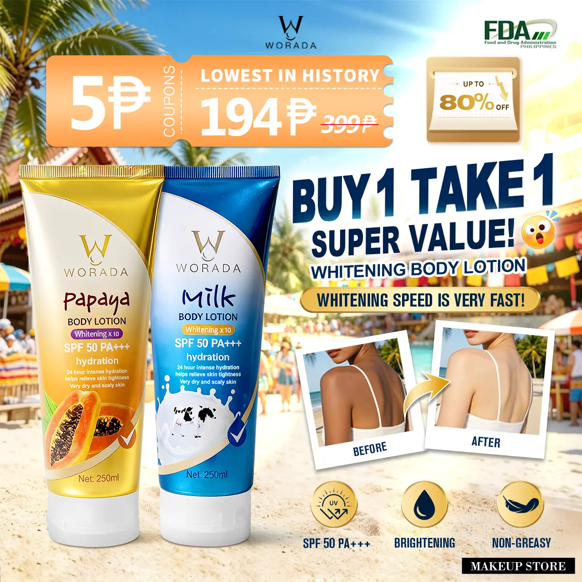 FDA Approved]Buy 1 get 1 free WORADA lotion spf50+++ glutathione Whitening  Sunscreen Body Lotion.