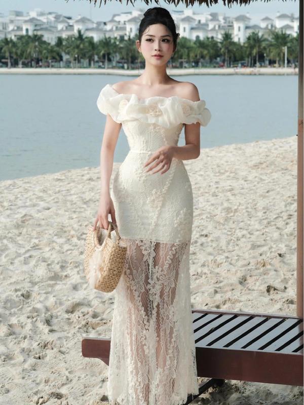  D314 Cabernet Nolan Dress đầm trễ vai hoa ren dáng dài đi biển đi tiệc 