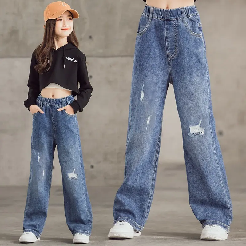 New Pants For Kids Girl Pants For Teens Girl Loose Fitting Wide Leg Pants For kids Girls Denim Pants Kid's Soft Denim Jeans For Girls 3-12 Years Old