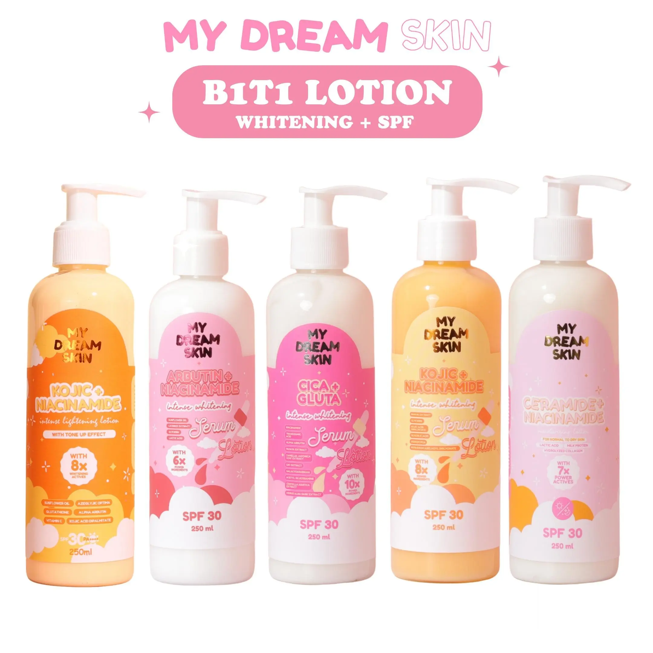 B1T1 INTENSE WHITENING LOTIONS | KOJIC + NIACINAMIDE LOTION/ KOJIC + NIACINAMIDE SERUM LOTION/ CICA GLUTA SERUM LOTION/ ARBUTIN + NIACINAMIDE SERUM LOTION/ CERAMIDE + NIACINAMIDE SERUM LOTION | LIGHTENS | HYDRATES AND MOISTURIZES | SPF30 PA++++