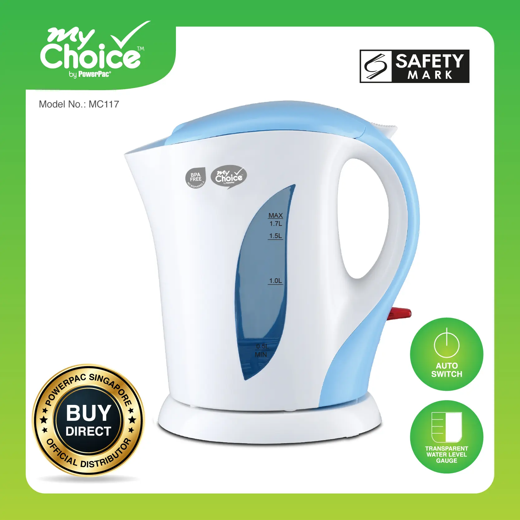 PowerPac X My Choice Electric Kettle Jug 1.7L with Auto Switch (MC117)