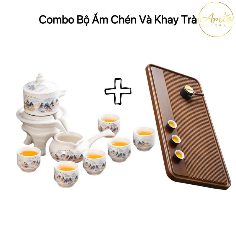 Combo Bộ Ấm Chén Pha Trà Cối Xay Bạch Ngọc Cối Trà Cao Cấp Và Khay Trà, Bộ Ấm Chén Uống Trà Phòng Khách Sang Trọng
