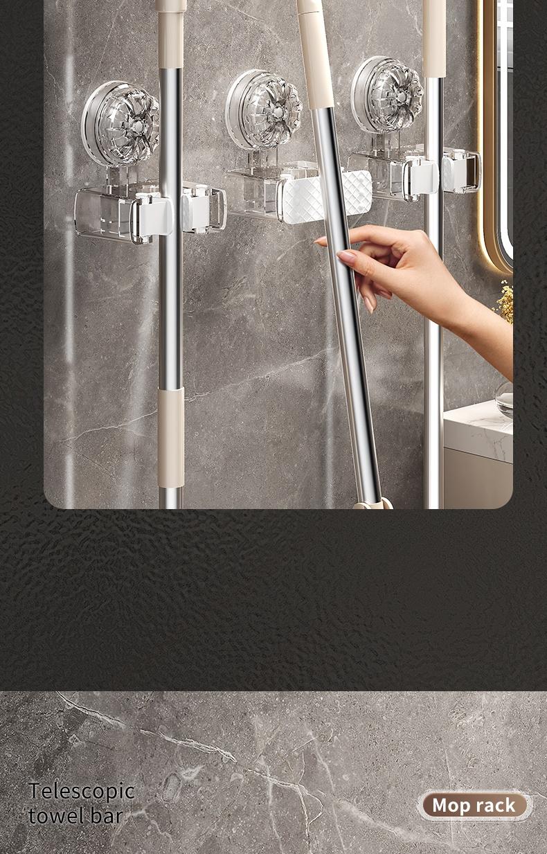 Product Introduction of Suction Cup Mop Holder Hook Two Clips No Drilling Household Bathroom Simple Storage Clip Movable Mop Holder 6
