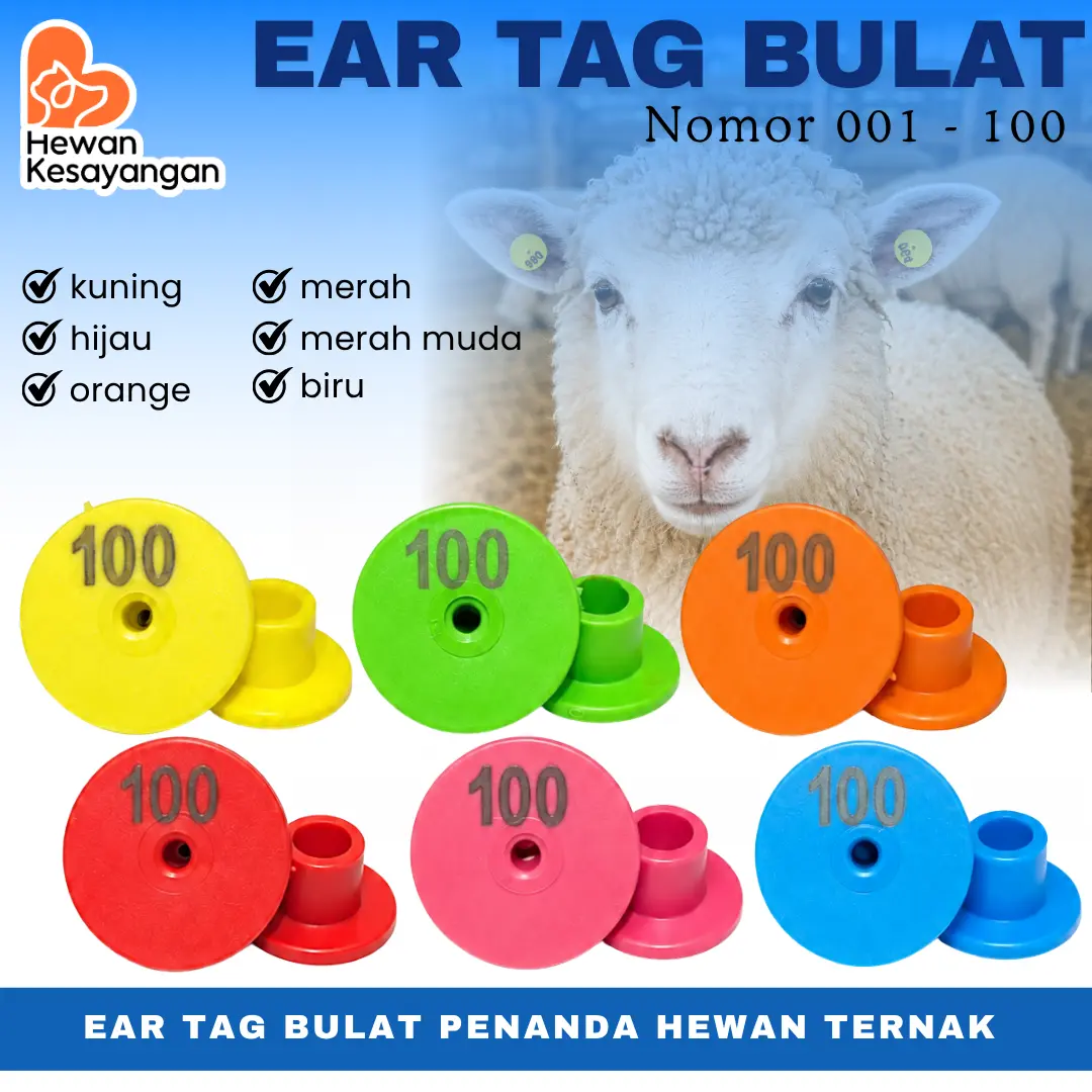 Ear Tag Bulat Nomor 001-100 Penanda Telinga Ternak Sapi Kambing Domba Anti Pudar Plastik Kuat
