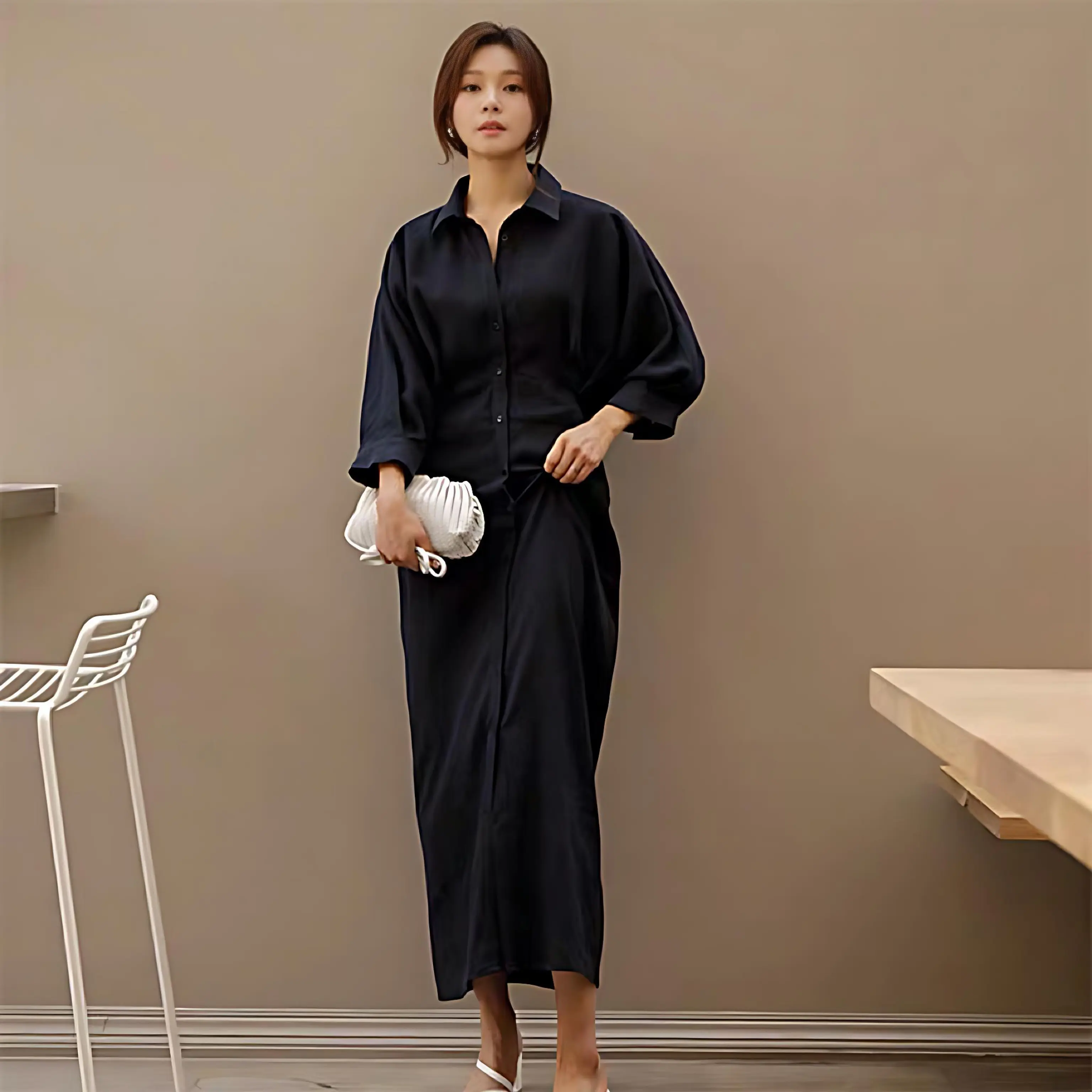 RED Calisa Dress/Casual Long Dress Oversize 10103/Dress Casual Kancing Aktif/Terusan Twill Lengan Panjang Basic