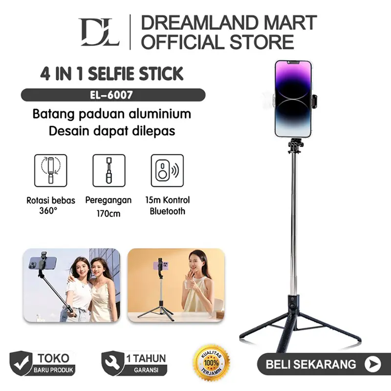 DL Tongsis Bluetooth 170cm Selfie Stick 4IN1 360° Rotation Adjustable tripod remote LED Putih Holder Stainless Wireless Telepon Metal