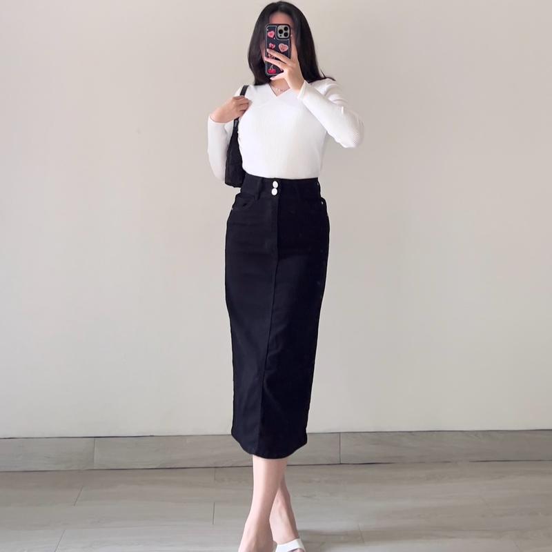 KLAVEE — JOAN DENIM SKIRT STRETCH / Rok Jeans Midi Wanita / High Waist Stretch Melar Korean Style 3