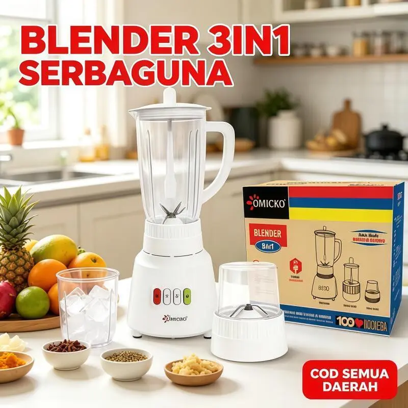 Blender 3 Fungsi Omicko BL-T11PC – Gelas Plastik + Grinder Bumbu, Praktis, Mudah Dibersihkan, Untuk Masak Sehari-hari, COD
