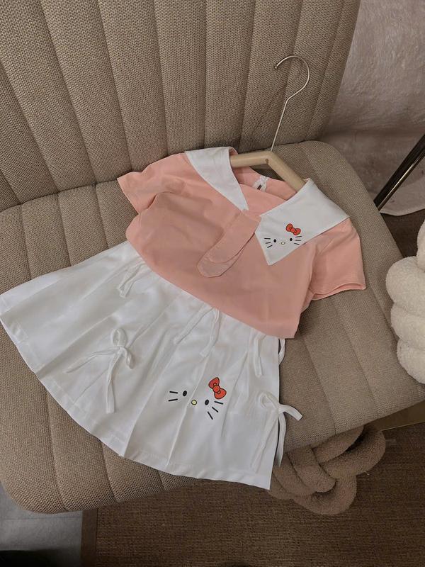  Set Áo Thun Hồng Cổ Trắng Kiểu Kèm Chân Váy Xếp Li Trắng Nhiều Nơ 40C Dành Cho Bé Gái 