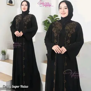 Abaya ( MANIK" GOLD ) muslim material cerruty halus  premium dress Payet /outer gamis/tangan terompet  Muslim Pesta Wanita Mewah Dewasa Ceruty Hitam