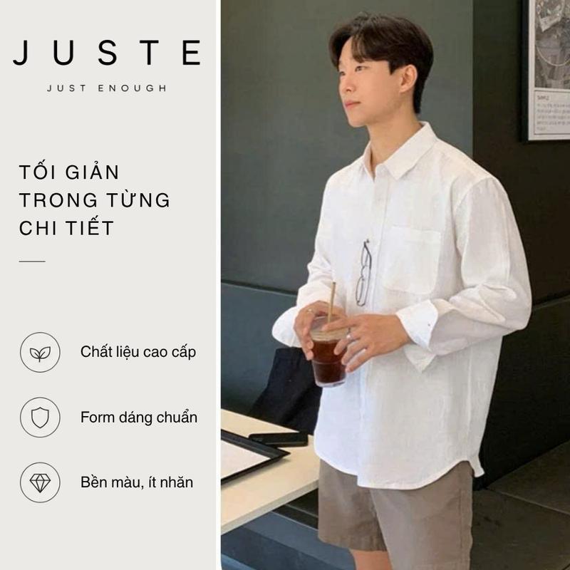 Áo Sơ Mi Nam Dài Tay JUSTE Vải Đũi LINEN Form Suông Hàn Quốc Màu Xanh Than Trắng Đen