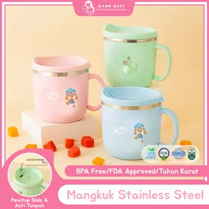 Gelas Minum Anak Stainless Steel 304 - Tutup Dot Slider 1 Jari Anti Tumpah 360°, Tahan Panas/Dingin 8 Jam, Super Ringan 140g, BPA Free