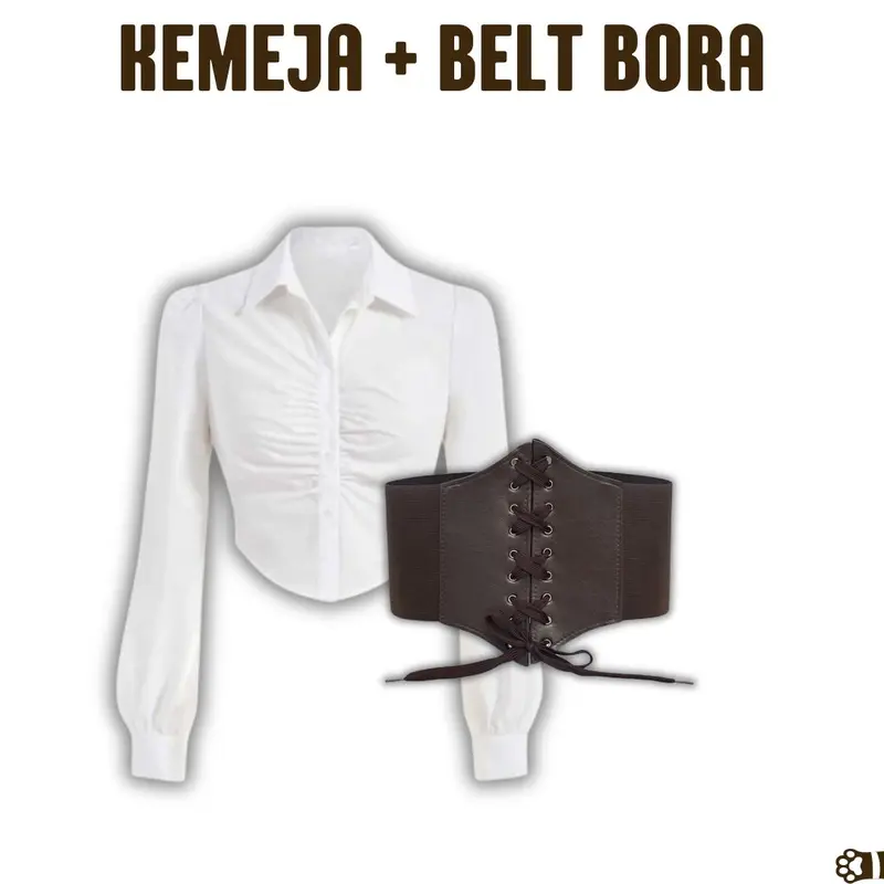 Bora Outfit Vintage Cantik [Kemeja putih Crop Katun , Celana ivory, dan Belt coklat] One set OOTD Yearbook - PS46 6