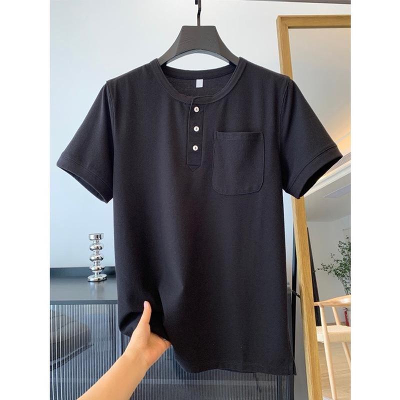Áo phông nam cổ tàu 3 cúc túi ᵰgực Menswear Cotton mới nḣất Pique Cộc Tay 3