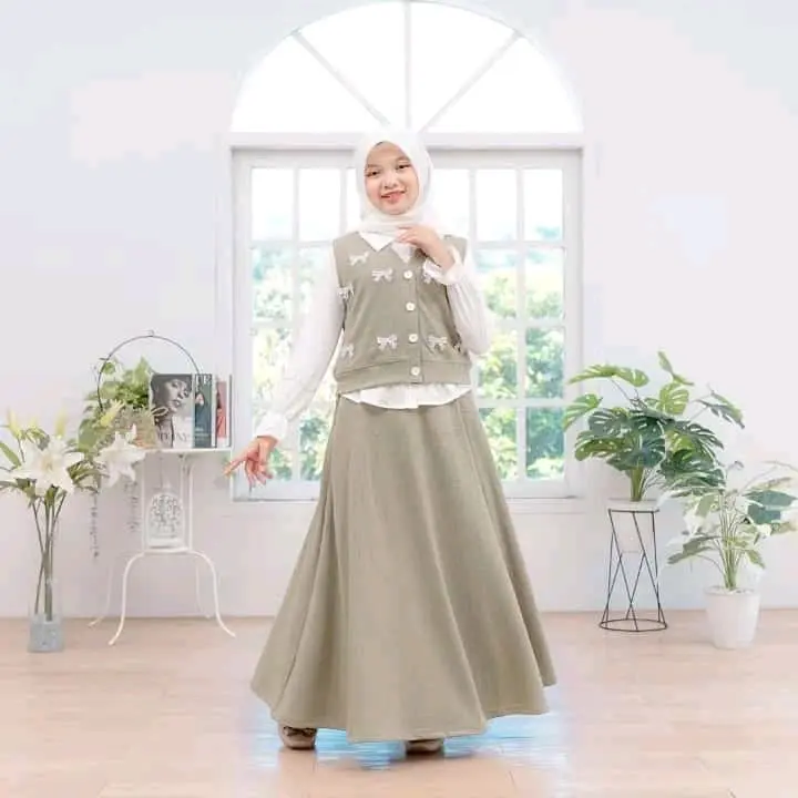 COD SETELAN ROK KNITT MIX POLO LINEN ANAK PEREMPUAN TANGGUNG SAKHIRA SET 3IN1 SIZE M-L  Fashion Wanita Muslim Atasan Pita Bordir 3