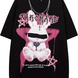 ダークスタイルウサギ柄プリント婦人用半袖Tシャツ、丸首、ゆったり、純綿カジュアルトップス、丸首、ショルダーベルト、ゆったりシルエット、通気性、肩落ちデザインプリントTシャツ夏のゆったりタイプ