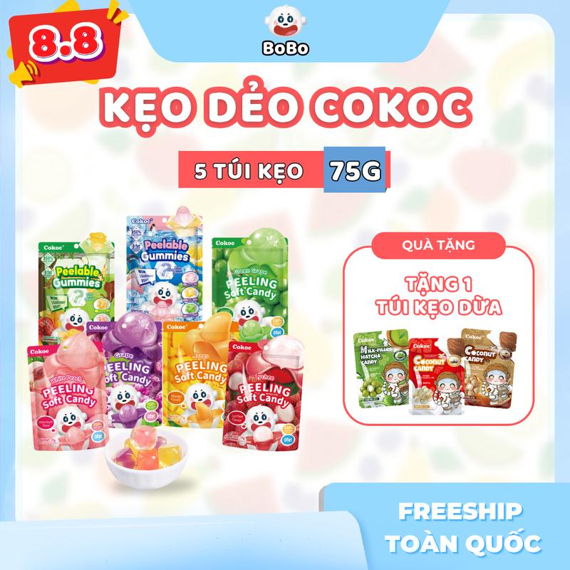 Combo 375g 5 Túi Kẹo Dẻo Bóc Vỏ COKOC Tặng 1 Túi Kẹo Nhân Sữa – Snack Gia Đình, Vị Trái Cây Tự Nhiên không chất bảo quản , ăn vặt thơm ngon