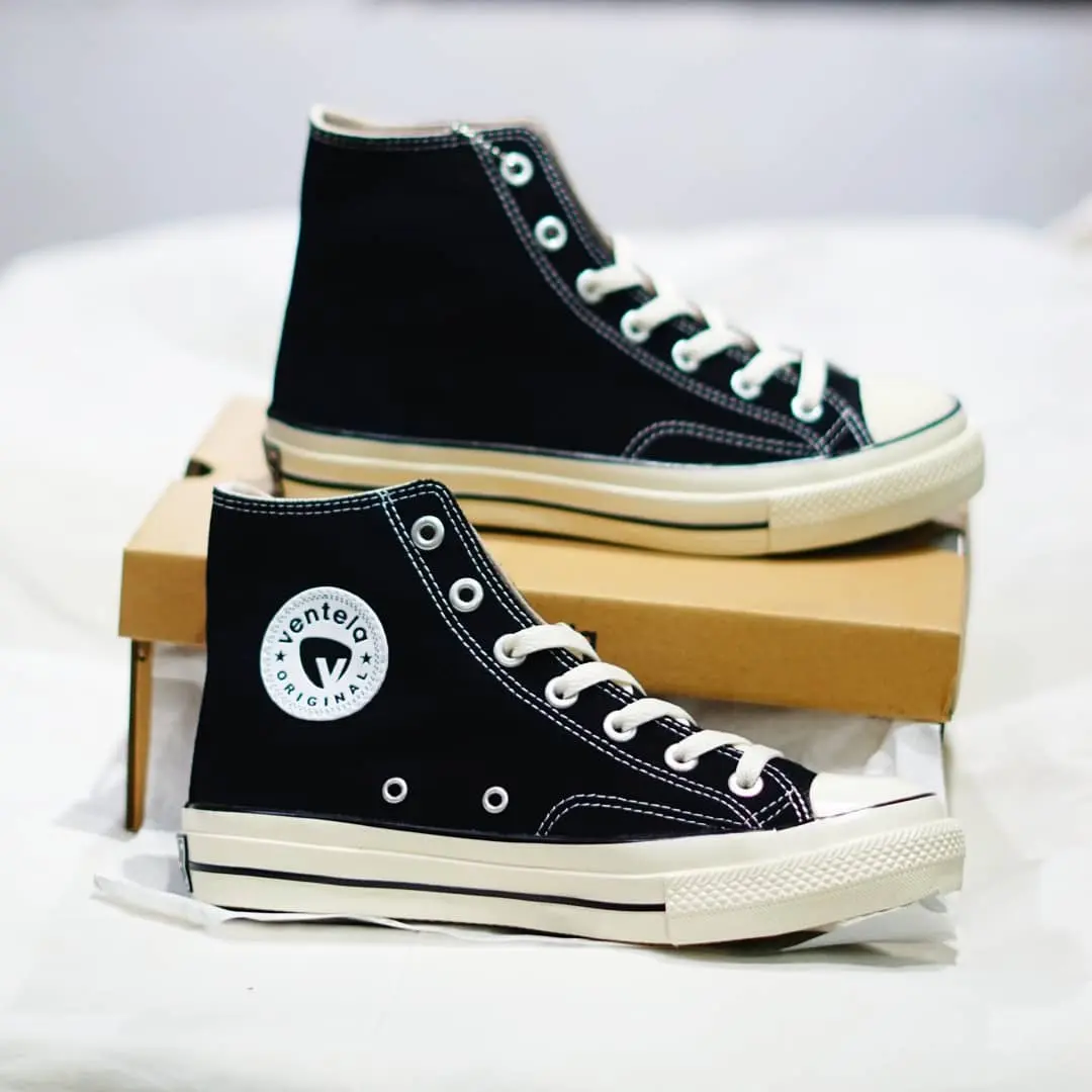 Sepatu Kasual Ventela 70's HIGH Black Natural Premium Canvas Shoes - Casual Kekinian UK 36-44