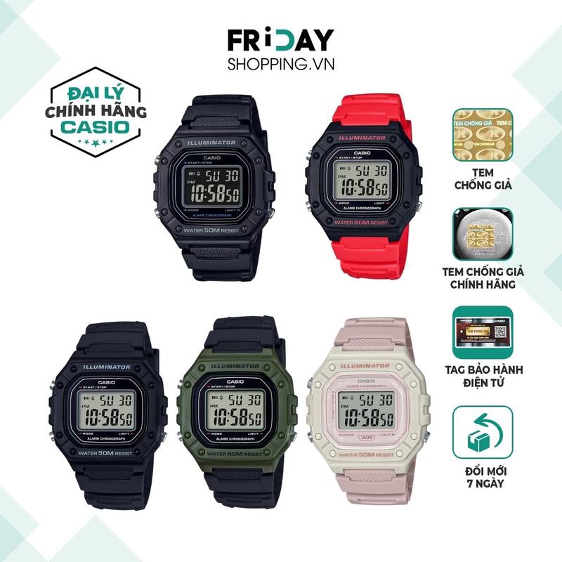 Đồng Hồ Unisex Nam Nữ Casio W-218H Điện Tử Mặt Vuông Dây Cao Su Chính Hãng Chống Nước 5 ATM