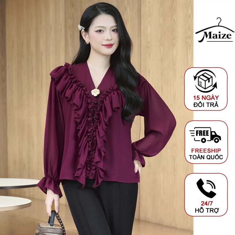 Tặng hoa cài Áo sơ mi Voan nữ 2 lớp dài tay bèo ngực Maize thiết kế sang chảnh chất liệu Voan mềm mại chống nhăn