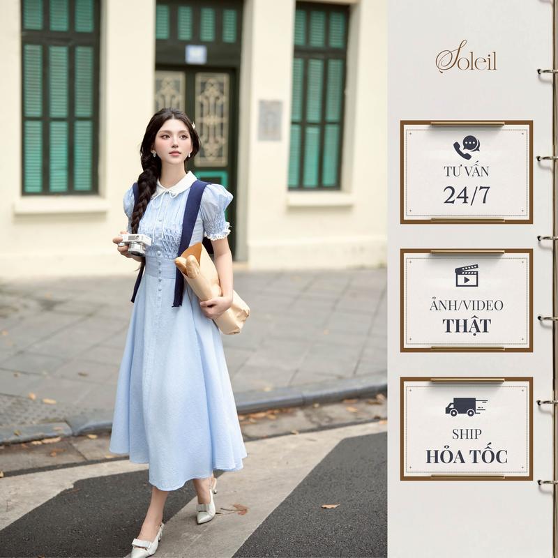 SOLEIL - Váy Đầm Jimin Dress Thiết Kế Kiểu Nữ Dáng Dài Cổ Sen Phối Nơ Tay Bồng Phối Màu Xanh Kẻ Sọc Tiểu Thư Mùa Hè Đi Chơi, Tiệc, Du Lịch (Không Kèm Khăn Choàng) Women VD27