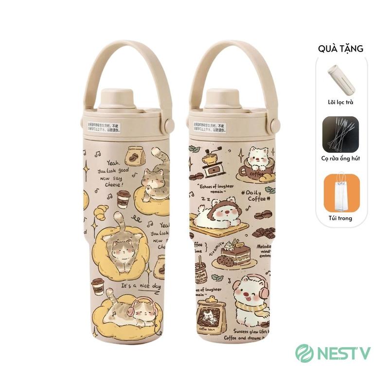 Ly giữ nhiệt Simple 735ml, lót gốm, inox 316, kèm ống hút thủy tinh, lõi lọc trà, có quai xách