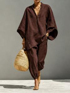 Conjunto de mujer para verano con ajuste holgado, lino sólido, cuello en V profundo y mangas tipo murciélago, pantalón largo casual, cómodo para uso diario, disponible en varios colores