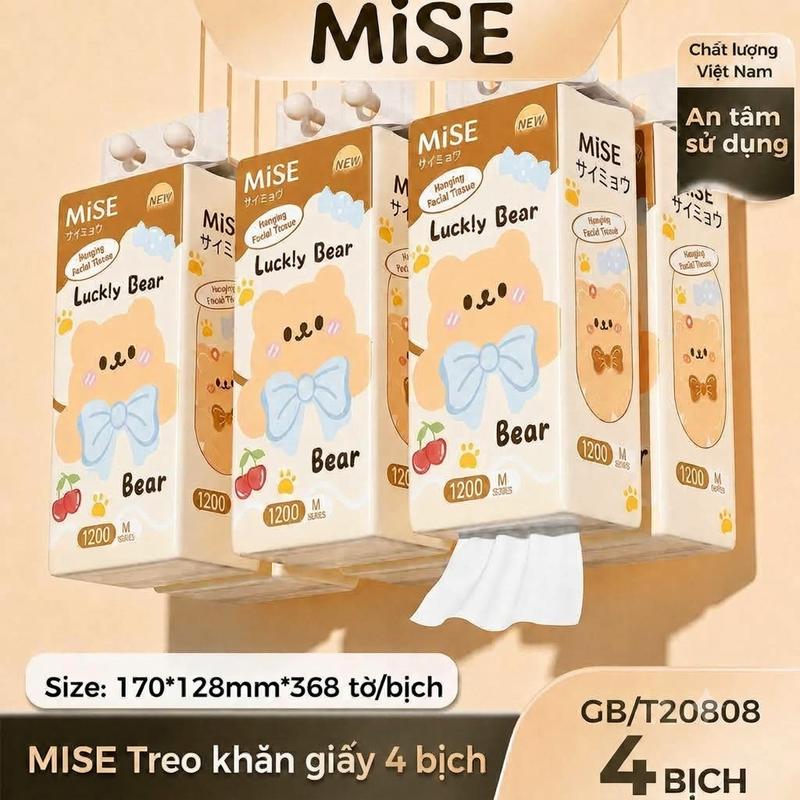 [DEAL LIVE ĐỘC QUYỀN] Mise Giấy treo treo tường, bao bì gấu xinh xắn, 1472 tờ, mềm mại an toàn, khăn giấy rút đáy, mua 4 bịch tặng 1 móc treo, 130x170mm, làm từ bột gỗ tự nhiên an toàn, mềm mịn, không bụi giấy