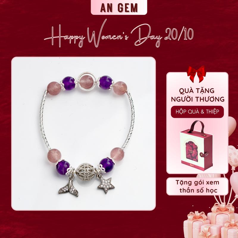 Vòng tay đá An Gem đá TA tím- dâu hồng mix charm may mắn phụ kiện Bracelet đeo tay nữ quà tặng sinh nhật giáng sinh Noel Tết Valentine [TẶNG GÓI XEM THẦN SỐ HỌC]