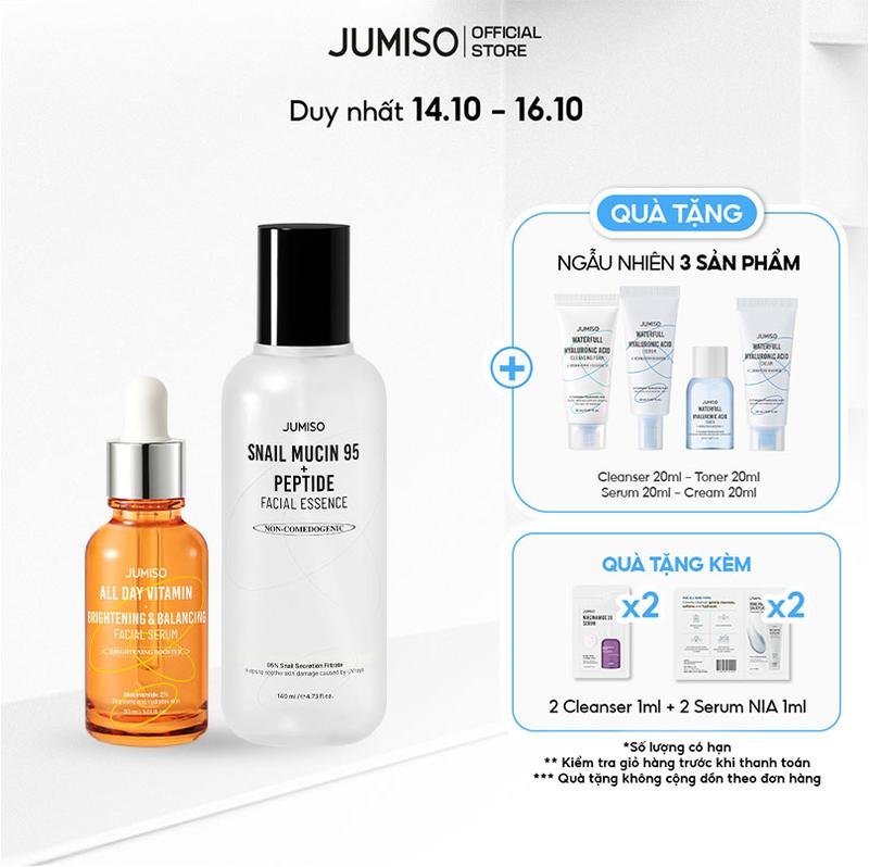 Bộ Đôi JUMISO Dưỡng Ẩm và Dưỡng Trắng Hiệu Quả Soothe & Brighten Duo 140ml / 30ml Glass Skin (Tinh chất dưỡng da Ốc sên JUMISO Snail Mucin 95 + Peptide và Tinh chất JUMISO All Day Vitamin Brightening & Balancing Serum - Dưỡng Sáng Da Rạng Rỡ)
