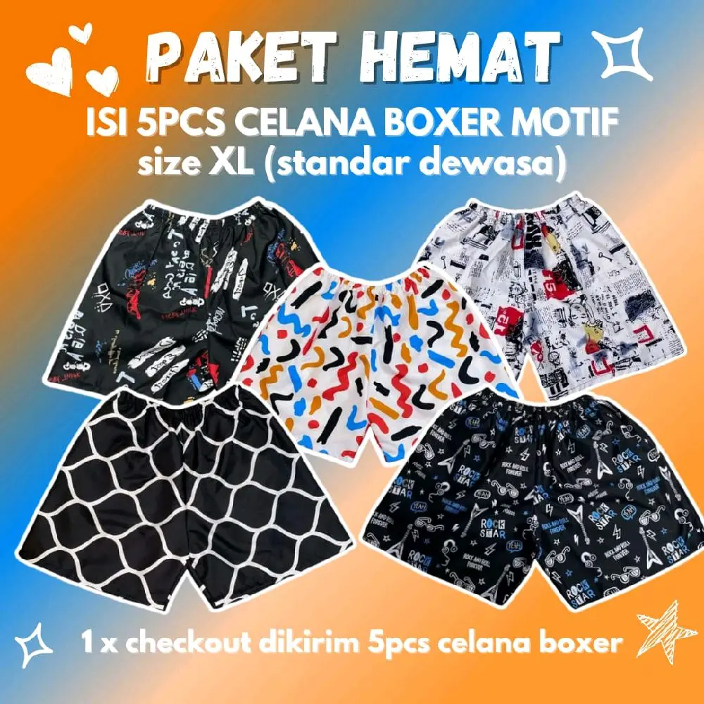 Paket Hemat Celana 40RB dapat 5pcs Boxer Motif XL - Celana Boxer Bahan Katun
