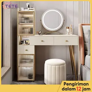 TETE Meja Rias Minimalis Meja Makeup Aesthetic Meja Dandan dengan Cermin Besar Untuk Kamar Tidur Kamar Kos Apartemen Desain Simpel Warna Putih Mudah Dipasang dengan Laci Penyimpanan Rak Kosmetik Meja Rias Portable