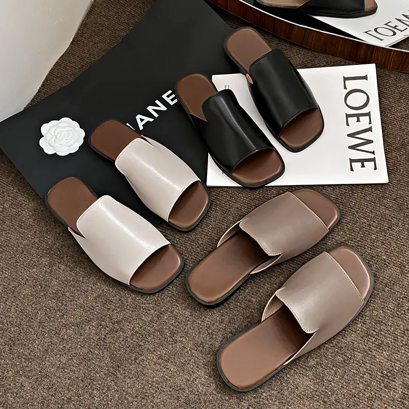 Flat Sandals for Women, Square Toe, Solid Color, Simple Design, Soft Sole, Non-Slip, Wear-Resistant, Suitable for Outdoor Activities