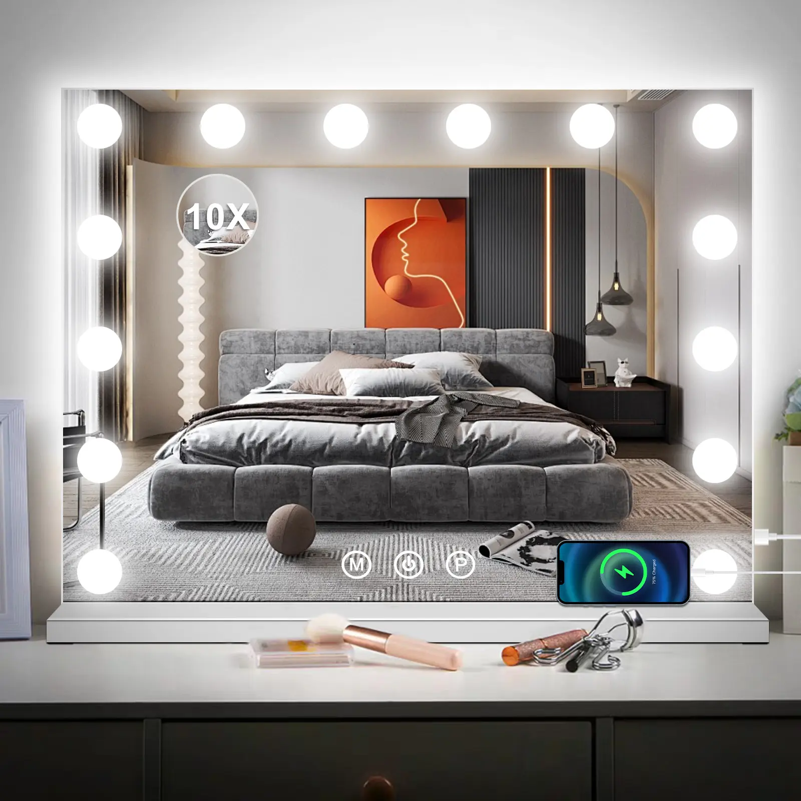Large Hollywood Make Up Table Mirror Vanity Lighted Mirror Dimmable 3 Colors Dressing Table Light Up Mirror Table Stand or Wall Mounted