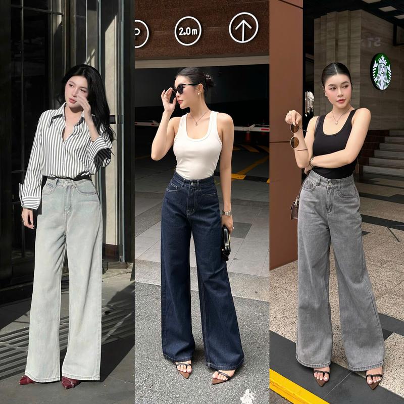 THE QUẠO - Quần Jeans Nữ Lưng Cao Ống Rộng 27cm - 30CM Xanh Bạc Ánh Xám S1506_686