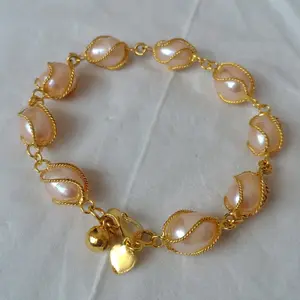Gelang Mutiara Air Tawar Peach Rangka Lapis Emas Kuning Bracelets