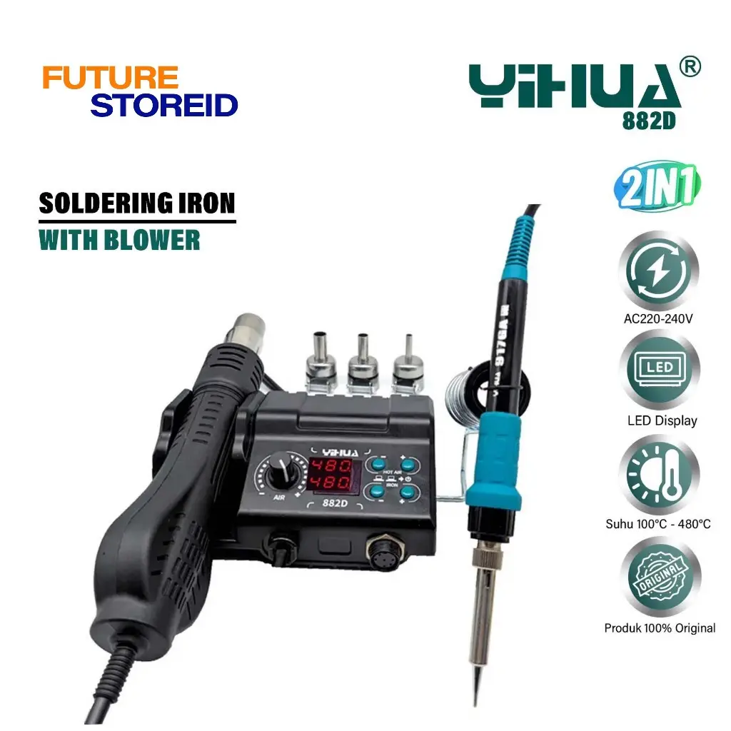 Termurah !! YIHUA BLOWER 882D UPGRADE WITH AIR GUN BRACKET GREEN CASE ORIGINAL - Soldering Station 2 in 1 Multifunctional Solder Iron Hot Air Gun Welding Machine Rework BGA SMD PCB IC Phone Repair Tool