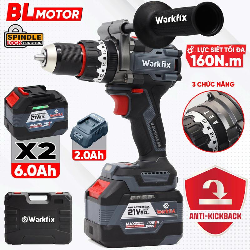 Chống Lật Cổ Tay WORKFIX Máy Khoan 3 Chức Năng 160N.m ID160AK Đầu Kẹp 13mm Auto Lock Anti Kickback Brushless Motor 2 Pin 15 Cell 21V 6Ah PLUS Tay Cầm Trợ Lực Bảo Hành 6 Tháng