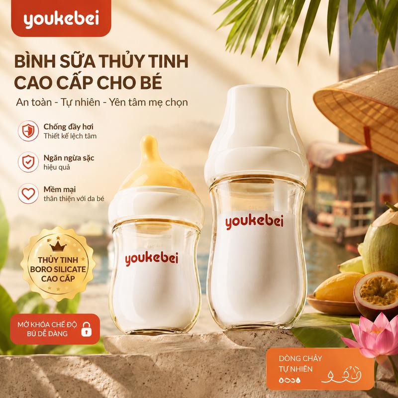 Bình sữa chống đầy hơi cho trẻ (0–12 tháng); bình thủy tinh dung tích lớn, thích hợp đựng sữa hoặc nước; được thiết kế để ngăn ngừa sặc.