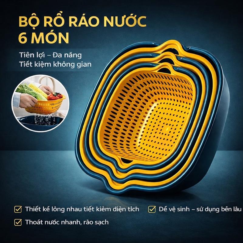 Bộ Rổ 6 Món Rổ Ráo Nước,Rổ Rửa Rau Củ Quả Hai Lớp Ráo Nước Tiện Dụng Cho Nhà Bếp