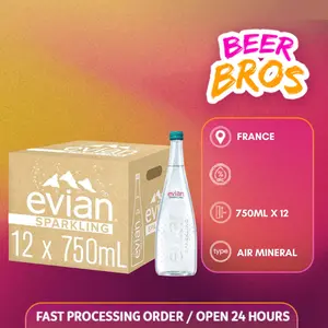 Evian Glass Sparkling Mineral Water 750ml [ Dus isi 12 Botol Kaca ] JNE Cargo Termasuk Packing Kayu