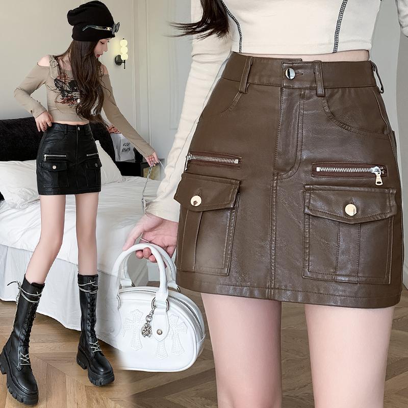 Chân Váy Ngắn Da PU, DL Workwear, Phong Cách Bodycon Gợi Cảm, Dành Cho Phụ Nữ Nhỏ Chân Váy Chữ A Cạp Cao Thiết Kế Đẹp, Thích Hợp Cho Mùa Thu Và Mùa Đông, Chân Váy Nửa Màu Đen