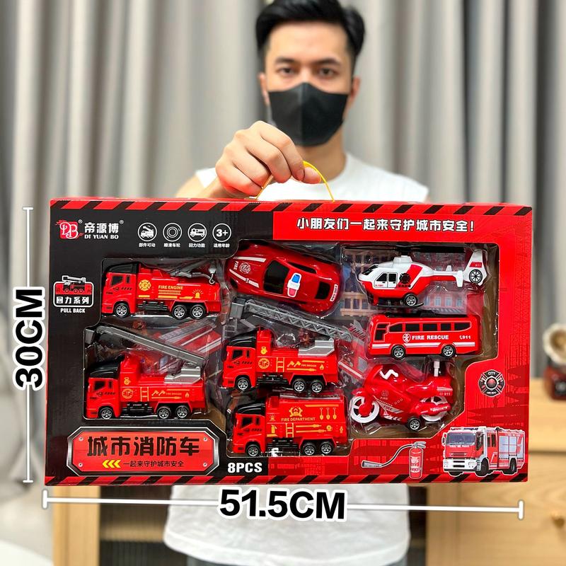 Bộ đồ chơi xe công trình mô phỏng với cơ chế quán tính, trong hộp quà cỡ lớn. Xe xúc, xe cứu hỏa – mô hình đồ chơi dành cho bé trai.